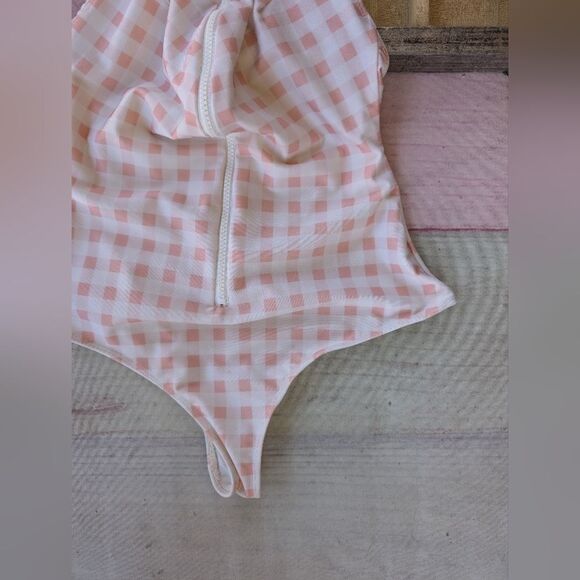 For Love and Lemons Pink Bonnie Zip‎ One Piece Gingham Swimsuit Halter Small - Picture 8 of 11